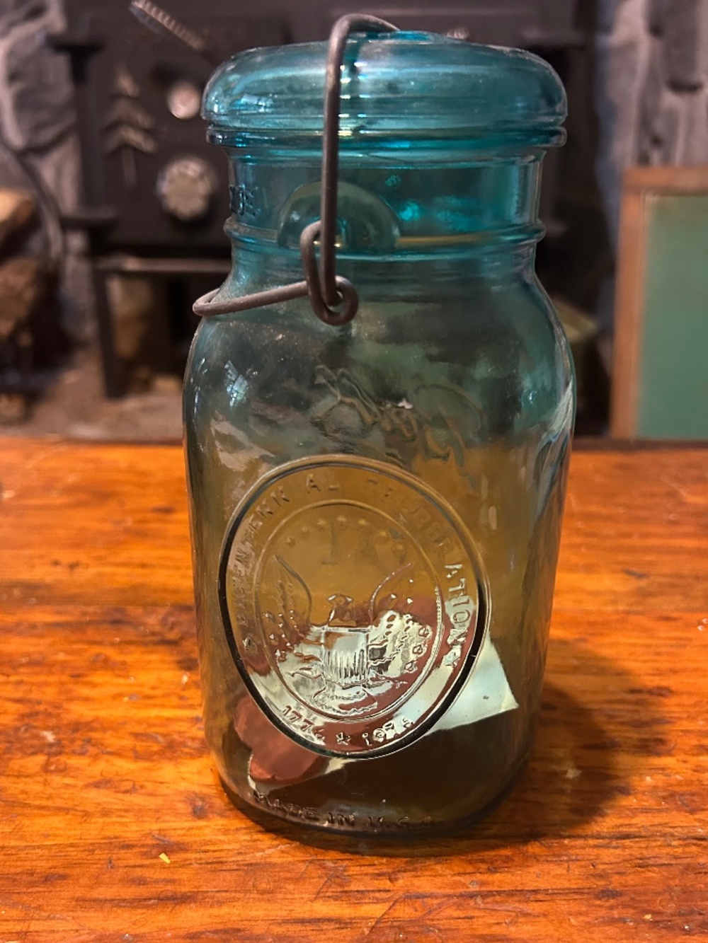 Vintage BALL IDEAL Bicentennial 1776 Quart Canning Jar w/ Lid & Paperwork Blue